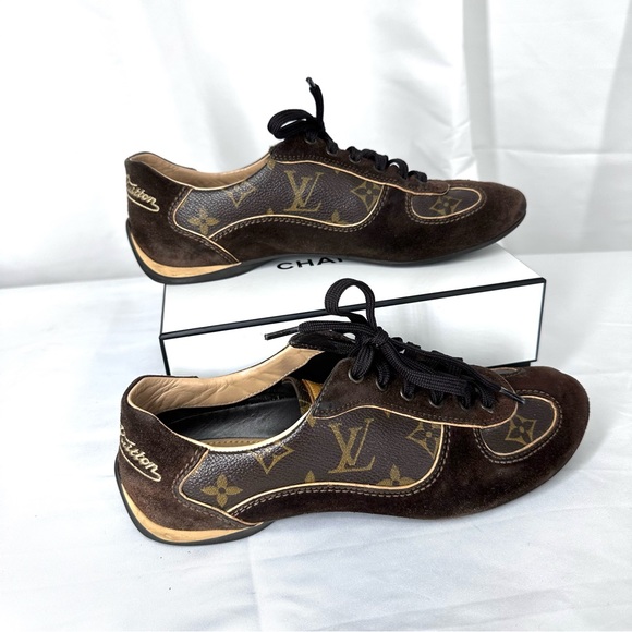 Louis Vuitton Brown Suede LV Monogram Canvas sneakers Size 36 US 6 6.5 7 *read - Picture 3 of 10